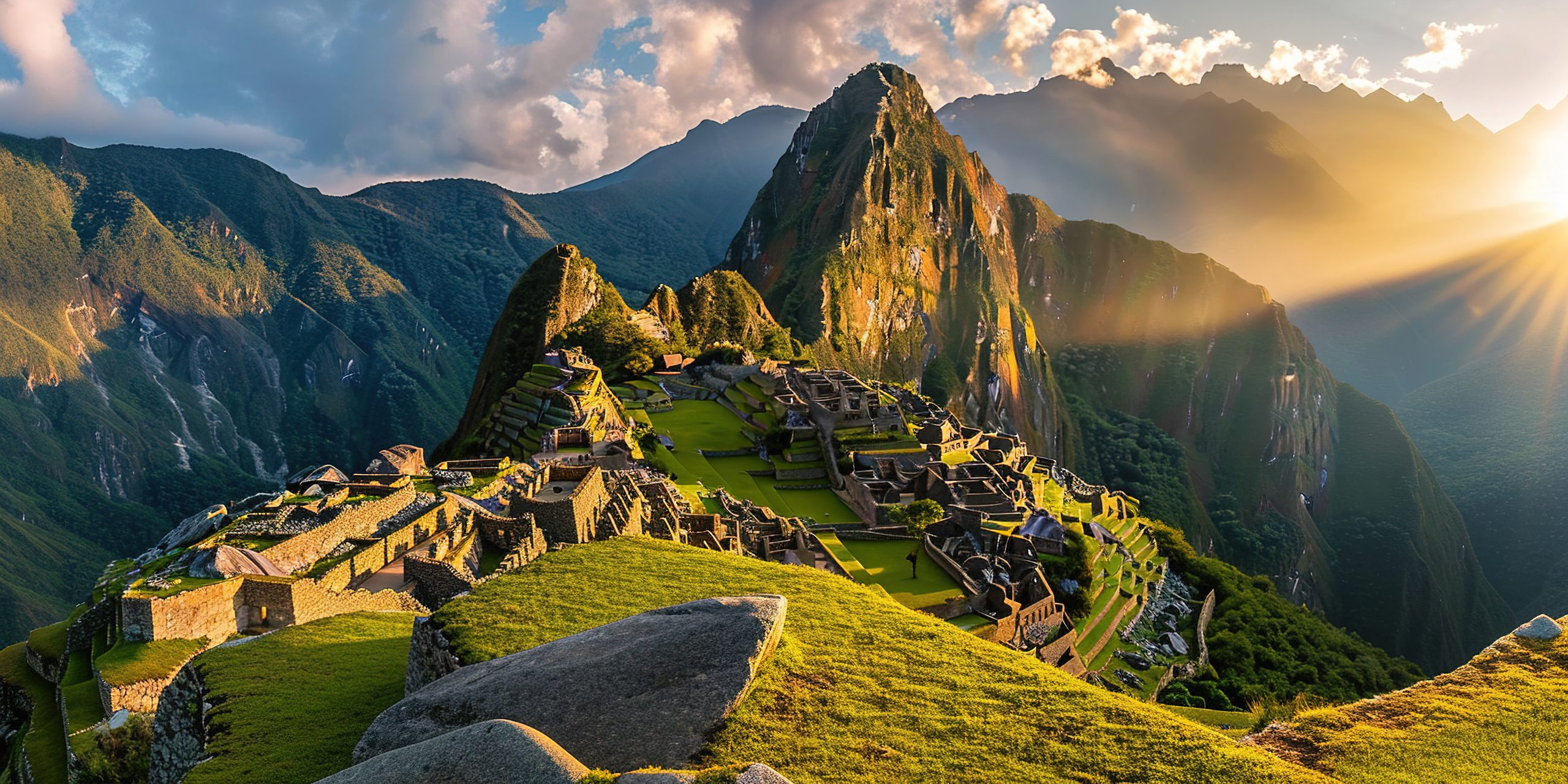 Historic Sanctuary of Machu Picchu on a mountain ridge, Eastern Cordillera of southern Peru. Incan citadel in the Andes Mountains, ancient civilization, sunset panorama landscape background